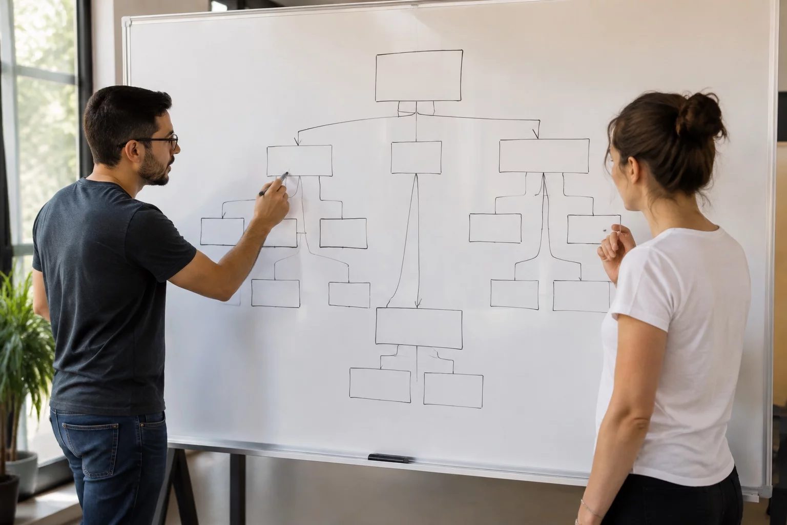 Duas pessoas diante de um quadro branco com um mapa de argumento desenhado à mão