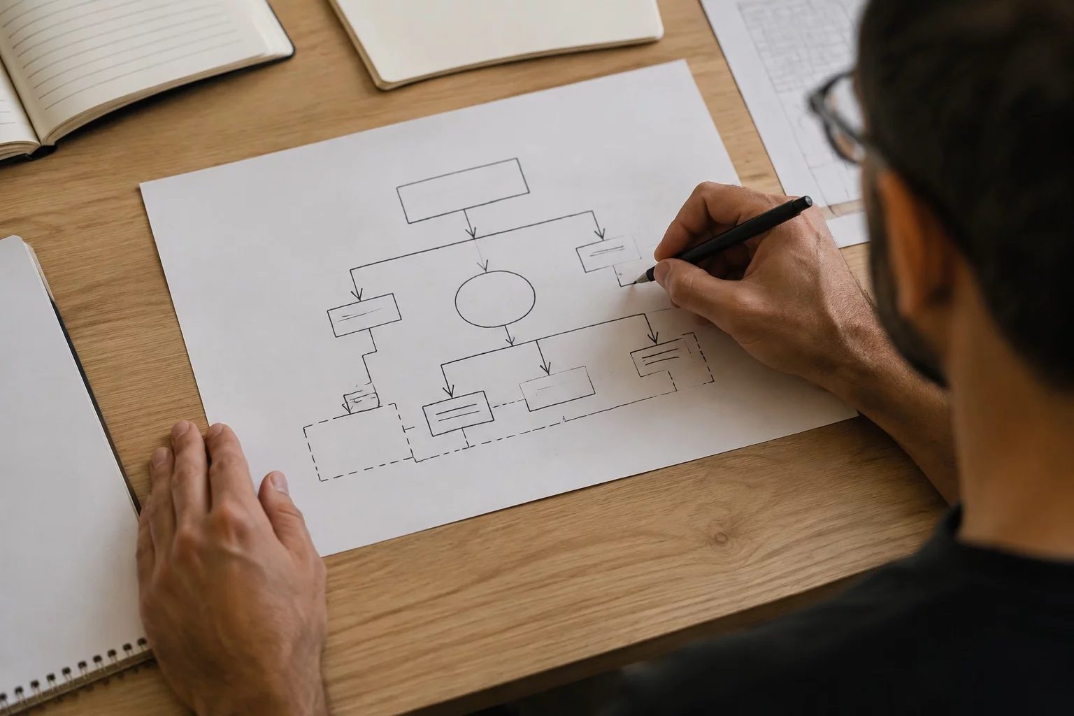 Vista de cima de uma mesa com um diagrama de lógica desenhado à mão