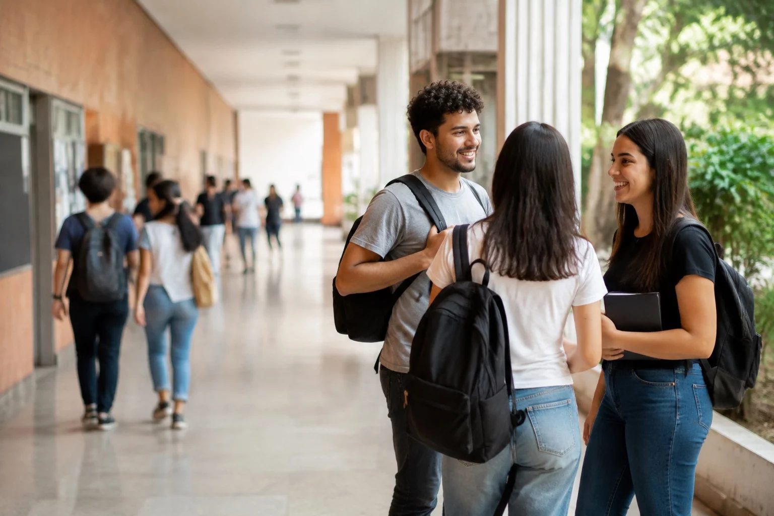 Estudantes com mochilas conversando no corredor de uma universidade