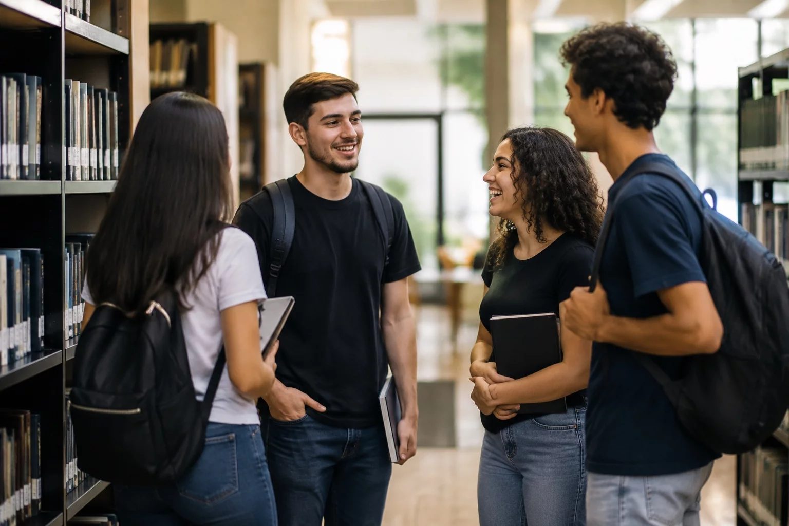Estudantes conversando em pé entre as estantes de uma biblioteca