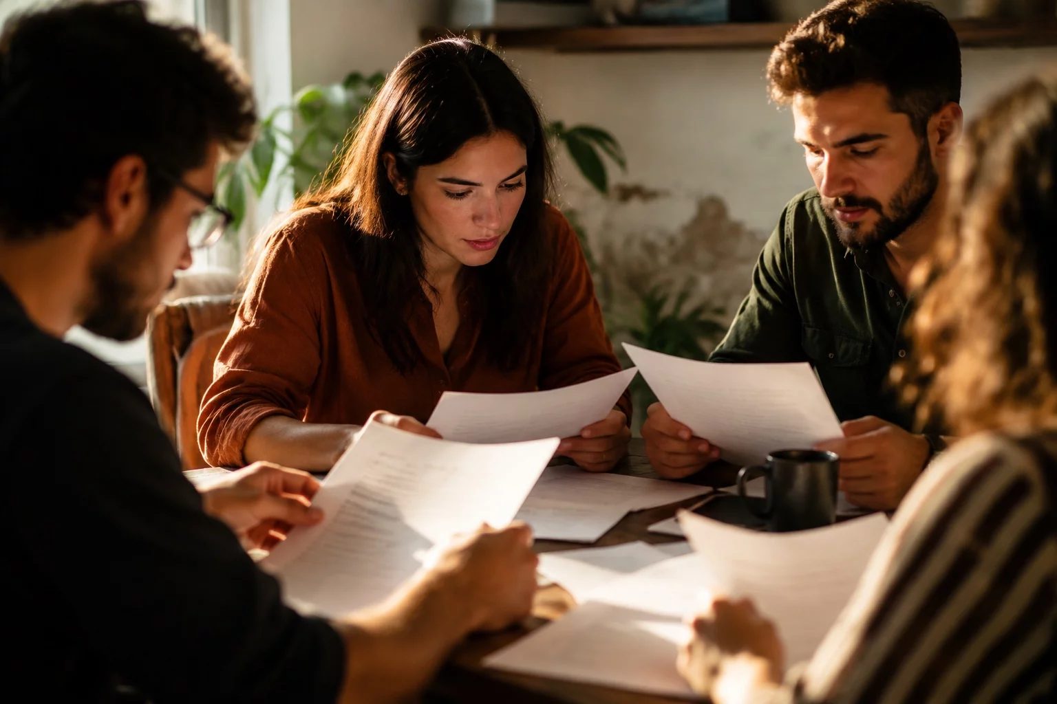 Grupo pequeno lendo páginas impressas de argumentos ao redor de uma mesa