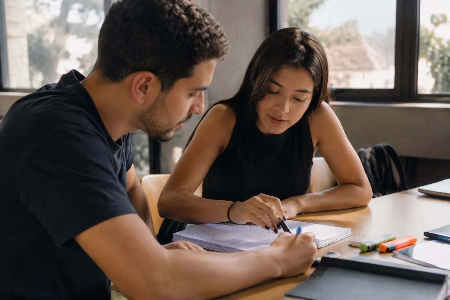 Dois estudantes preparando um debate com cadernos e marcadores