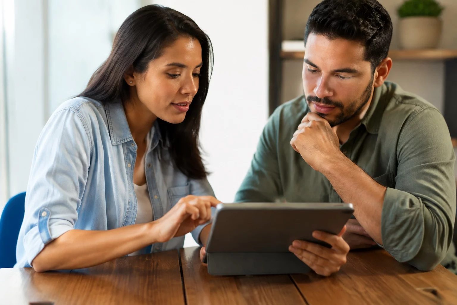 Duas pessoas revisando anotações em um tablet sobre uma mesa de madeira