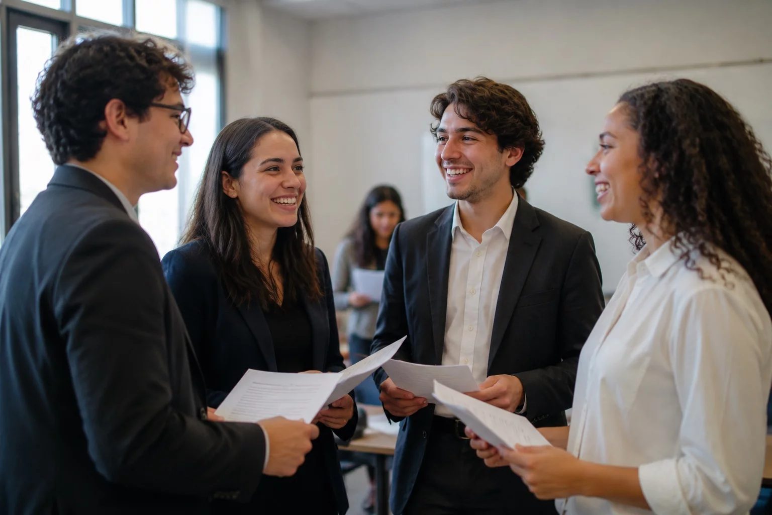 Grupo sorrindo após uma rodada de debate, com papéis nas mãos